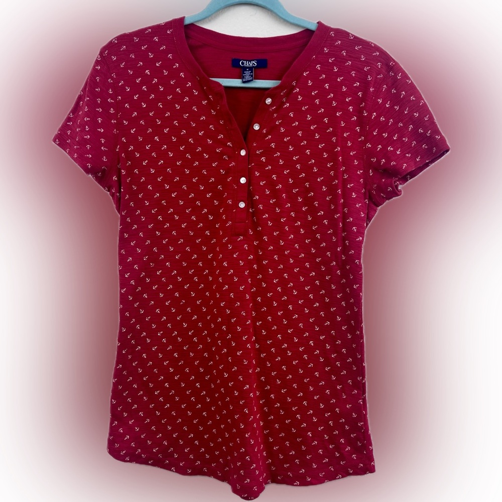 Chaps Red Short Sleeve Women's Top with White Anchors Design 100% Cotton Medium